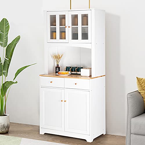 VINGLI Buffet Cabinet with Hutch Kitchen Pantry Storage Cabinet White Sideboard for Kitchen Storage Microwave Cabinet with Storage, 4 Doors, 2 Adjustable Shelves & 2 Drawers