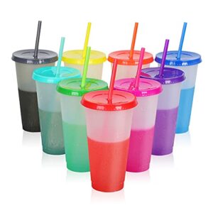 reusable plastic tumblers with lids & straws - 9 pcs 24oz large color changing cups for adults kids women party | tall iced cold straw drinking cute tumbler cup bulk