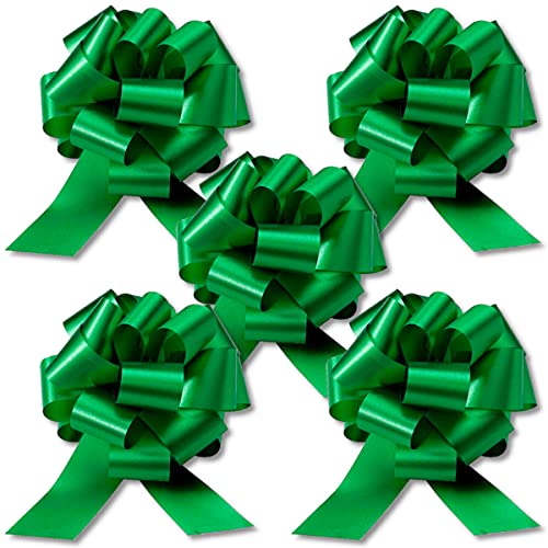 Instabows 5" Green Ribbon Pull Bows for Gift Wrapping Large Christmas Or Birthday Present 5 Pack of Pull Bow Nice for Easter Or Gift Basket Perfect As A Big Gift Bow