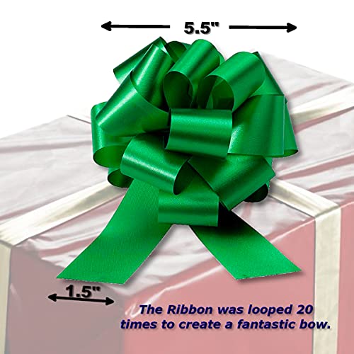 Instabows 5" Green Ribbon Pull Bows for Gift Wrapping Large Christmas Or Birthday Present 5 Pack of Pull Bow Nice for Easter Or Gift Basket Perfect As A Big Gift Bow