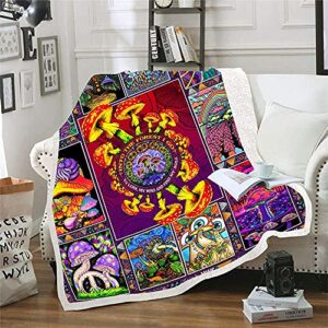 trippy mushroom blanket hippie plant throw blankets for couch colorful trippy sherpa fleece blankets soft cotton fuzzy blanket wool plush blanket (classic purple,(51 x 59 in))