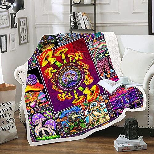 Trippy Mushroom Blanket Hippie Plant Throw Blankets for Couch Colorful Trippy Sherpa Fleece Blankets Soft Cotton Fuzzy Blanket Wool Plush Blanket (Classic Purple,(51 x 59 in))