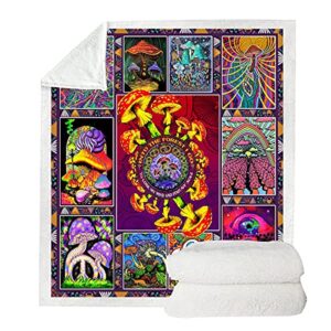 Trippy Mushroom Blanket Hippie Plant Throw Blankets for Couch Colorful Trippy Sherpa Fleece Blankets Soft Cotton Fuzzy Blanket Wool Plush Blanket (Classic Purple,(51 x 59 in))