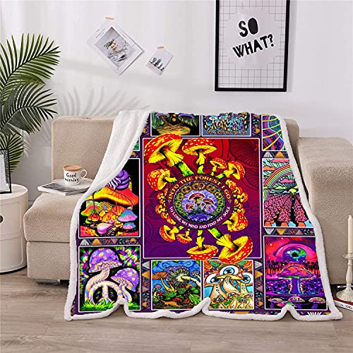 Trippy Mushroom Blanket Hippie Plant Throw Blankets for Couch Colorful Trippy Sherpa Fleece Blankets Soft Cotton Fuzzy Blanket Wool Plush Blanket (Classic Purple,(51 x 59 in))