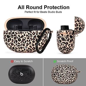 AIRSPO Case for Beats Studio Buds Silicone Floral Printed Protective Beats Studio Buds Earbuds Headphones Case Cover Skin with Keychain (Khaki/Leopard)