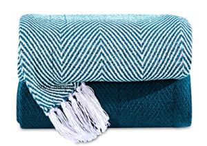 cozy home collection, luxurious hand woven cozy warm 100percent combed cotton all season fade light weight fade resistant couch chair bed decorative throw blankets chevron 50inx60in set of 2 (teal)