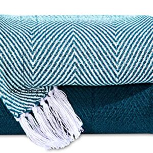 Cozy Home Collection, Luxurious Hand Woven Cozy Warm 100percent Combed Cotton All Season Fade Light Weight Fade Resistant Couch Chair Bed Decorative Throw Blankets Chevron 50Inx60In Set of 2 (Teal)