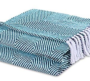 Cozy Home Collection, Luxurious Hand Woven Cozy Warm 100percent Combed Cotton All Season Fade Light Weight Fade Resistant Couch Chair Bed Decorative Throw Blankets Chevron 50Inx60In Set of 2 (Teal)