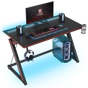 fezibo gaming desk 40 inch with led lighting, pc computer desk gaming table z shaped gamer workstation with wire mesh, black
