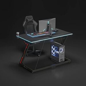 FEZIBO Gaming Desk 40 inch with LED Lighting, PC Computer Desk Gaming Table Z Shaped Gamer Workstation with Wire Mesh, Black