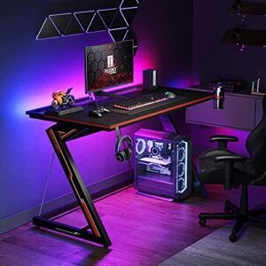 FEZIBO Gaming Desk 40 inch with LED Lighting, PC Computer Desk Gaming Table Z Shaped Gamer Workstation with Wire Mesh, Black