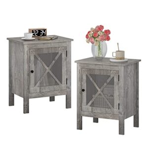 jaxpety set of 2 modern wood nightstand, bedside table with x-design glass door, bedside furniture, night stand, end table, side table with rustic style for home bedroom(2-pack, light grey)