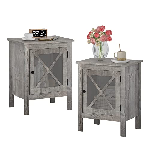 JAXPETY Set of 2 Modern Wood Nightstand, Bedside Table with X-Design Glass Door, Bedside Furniture, Night Stand, End Table, Side Table with Rustic Style for Home Bedroom(2-Pack, Light Grey)