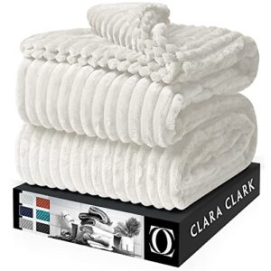 clara clark cut plush fleece throw blanket - throw size - lightweight super soft fuzzy luxury bed blanket for bed - machine washable - (50x60) (white)