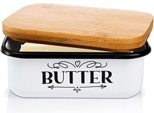 yesland butter dish with wooden lid - unbreakable enamel butter container - large vintage farmhouse style butter keeper for 2 sticks of butter east or 1 west coast butter(white and brown)