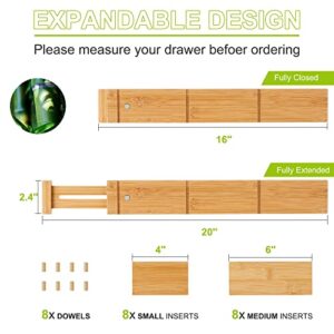 Bamboo Drawer Dividers for Clothes With 16 Inserts, Drawer Dividers Kitchen Utensils(16-20IN) Adjustable Expandable Deep Spring Loaded Separators Organizer for Office Silverware Dressers and Bathroom 8 Pack