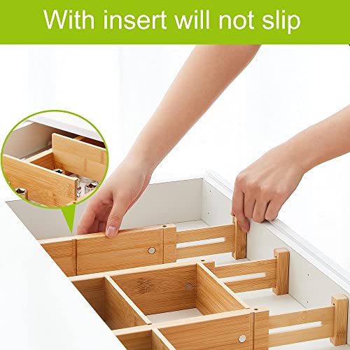 Bamboo Drawer Dividers for Clothes With 16 Inserts, Drawer Dividers Kitchen Utensils(16-20IN) Adjustable Expandable Deep Spring Loaded Separators Organizer for Office Silverware Dressers and Bathroom 8 Pack