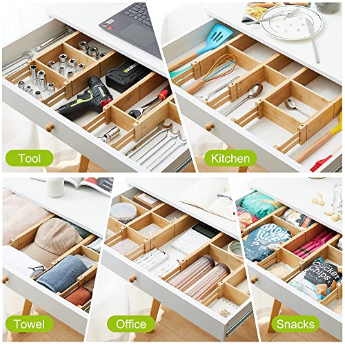 Bamboo Drawer Dividers for Clothes With 16 Inserts, Drawer Dividers Kitchen Utensils(16-20IN) Adjustable Expandable Deep Spring Loaded Separators Organizer for Office Silverware Dressers and Bathroom 8 Pack