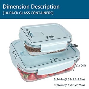 [10 Packs, 20 Pieces] Glass Food Storage Containers with Lids (Built in Vent), Airtight Meal Prep Containers, Glass Bento Boxes for Home Kitchen, BPA Free & Leak Proof (10 lids & 10 Containers) - Blue