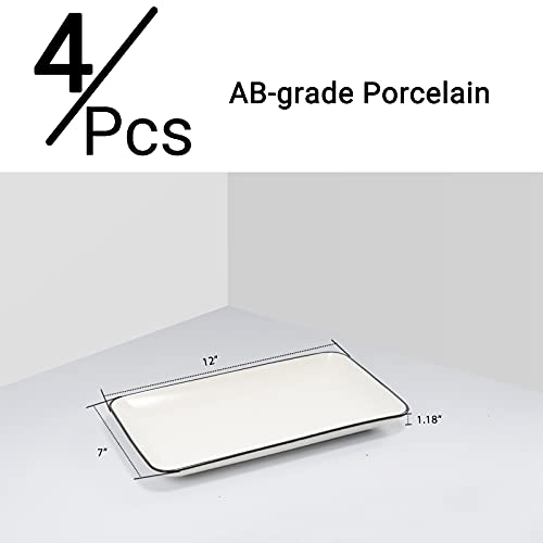 Aquiver 12" Ceramic Platters - White Rectangle Serving Plates for Party Food, Sushi, Fruits, Snacks, Appetizer, Taco, Desserts, Entertaining Guests, Set of 4 (Creamy White)