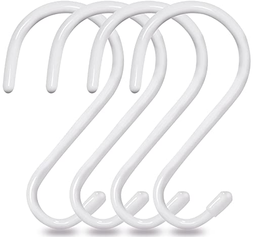 Mzekgxm Large Heavy Duty White S Hooks for Hanging, 6 inch Non Slip Vinyl Coated Metal Closet S Hooks for Hanging Plants Outdoor Lights and Kitchen Pot Pan Cups Closet Towels Jeans Hats (4 Pack)