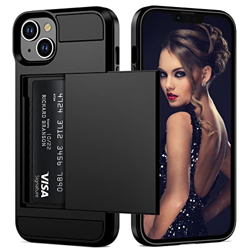 Vofolen Case for iPhone 13 Case Wallet Credit Card Holder ID Slot Sliding Door Hidden Pocket Men Women Anti-Scratch Dual Layer Hybrid Bumper Armor Protective Hard Shell Back Cover for iPhone 13 Black