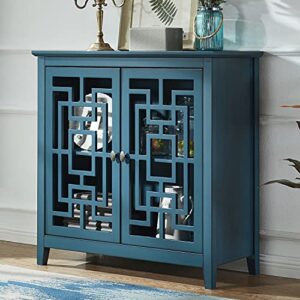 wood accent buffet sideboard storage cabinet with doors and adjustable shelf, entryway kitchen dining room, dark teal