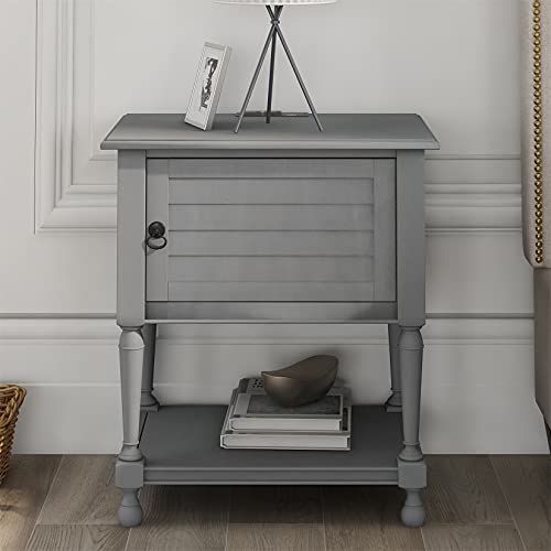 Nightstand with Charging Station, End Table with USB Ports & Power Outlet, Side Table with Storage Cabinet and Shelves, Modern Farmhouse Bedside Sofa Table for Home Office, Gray