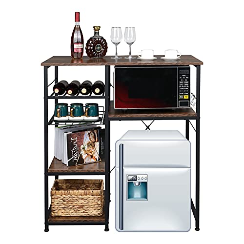 VINGLI Microwave Stand 4-Tiers Kitchen Storage Fit Mini Fridge Baker’s Rack Shelving Utility Coffee Bar with Big Drawer Wine Rack Metal Frame Industrial Workstation Organizer Kitchen Decor