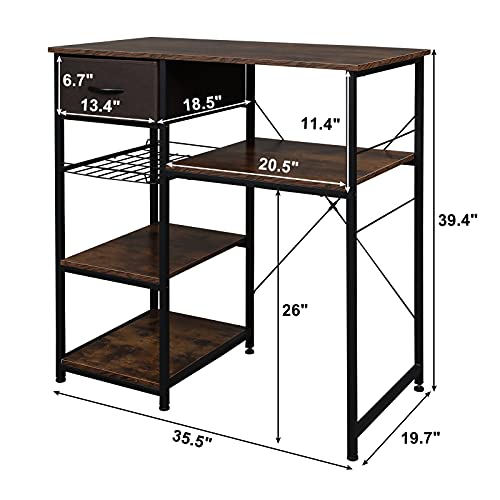 VINGLI Microwave Stand 4-Tiers Kitchen Storage Fit Mini Fridge Baker’s Rack Shelving Utility Coffee Bar with Big Drawer Wine Rack Metal Frame Industrial Workstation Organizer Kitchen Decor