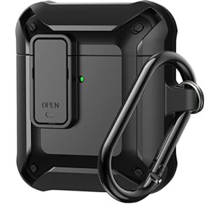 olytop airpods case cover men with lock, armor rugged cool airpod 2nd 1st generation protective case boys shockproof skin ipods cover with keychain for apple airpods 2/1 gen cases - black
