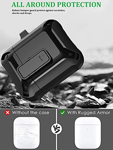 Olytop Airpods Case Cover Men with Lock, Armor Rugged Cool AirPod 2nd 1st Generation Protective Case Boys Shockproof Skin iPods Cover with Keychain for Apple Airpods 2/1 Gen Cases - Black