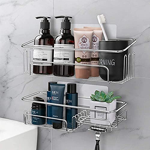 AriesBaby Shower Caddy Basket Shelf by 2Pack,SUS304 Stainless Steel for Bathroom Organizer with 11Hook and Soap Dish,Without Drilling, Shelf Adhesive be Fixable,Storage Organizer Dorm,Kitchen, Silver