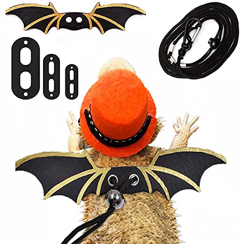 Bearded Dragon Leash Harness with Magician Hat and Bowtie Halloween Costume Set,3 Pack Bat Wing with Leash for Lizard Reptile Halloween,Holiday,Party,Photos Small Animal Clothes Outfit (Orange Set)