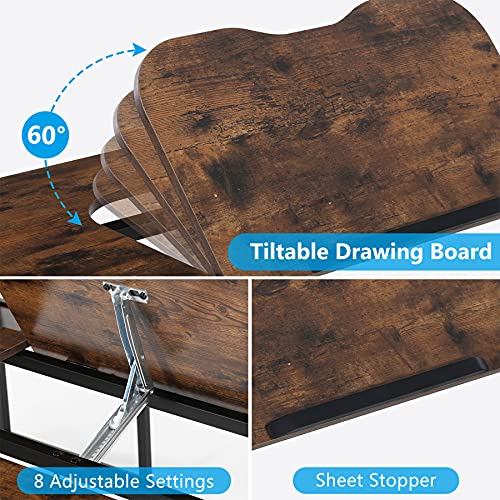 Tribesigns U- Shaped Desk with Bookshelf and Tilting Drawing Board, L Shaped Computer Desk Gaming Gamer Table Workstation Desk with 3 Desktop for Home Office (Rustic)