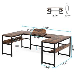 Tribesigns U- Shaped Desk with Bookshelf and Tilting Drawing Board, L Shaped Computer Desk Gaming Gamer Table Workstation Desk with 3 Desktop for Home Office (Rustic)