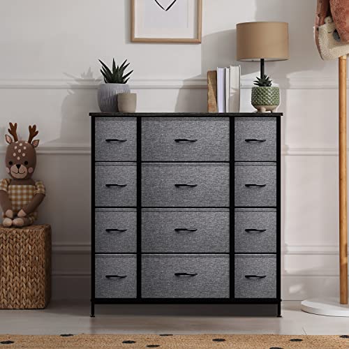 Sorbus Dresser with 12 Drawers - Chest Organizer Unit with Steel Frame Wood Top & Handle Easy Pull Fabric Bins for Clothes - Large Storage Furniture for Bedroom, Hallway, Living Room, Nursery & Closet