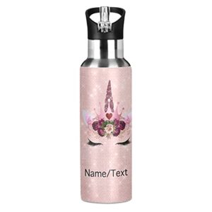 custom pink unicorn double stainless steel insulated water bottle with straw lid, 20 oz, customizable with name/text