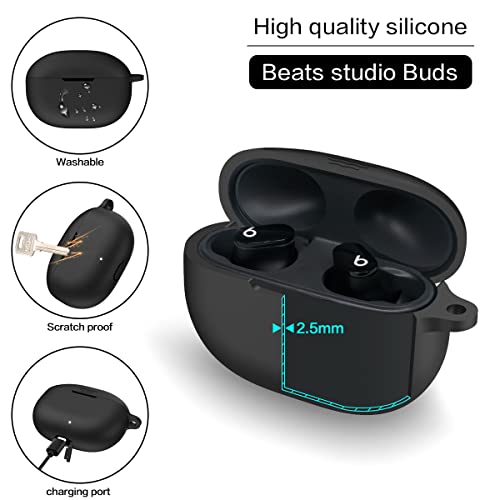 Woocon case for New Beats Studio Buds 2021, 5 in 1 Soft Silicone Accessories kit, Durable Shockproof Waterproof Protective Cover for Beats Studio Buds Earbuds with Keychain/Ring/Brush/Strap(Black)