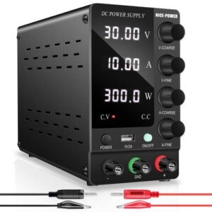 nice-power adjustable dc power supply: 30v 10a variable switching regulated high precision 4-digits lcd display 5v/2a usb port output & input power cord bench lab power supplies