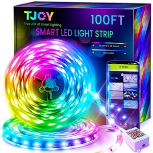 tjoy 100ft smart led strip lights for bedroom, alexa led light strip,5050 rgb color changing music sync led lights strip with app remote,multi-color wireless led lights for bedroom (app+remote+voice)