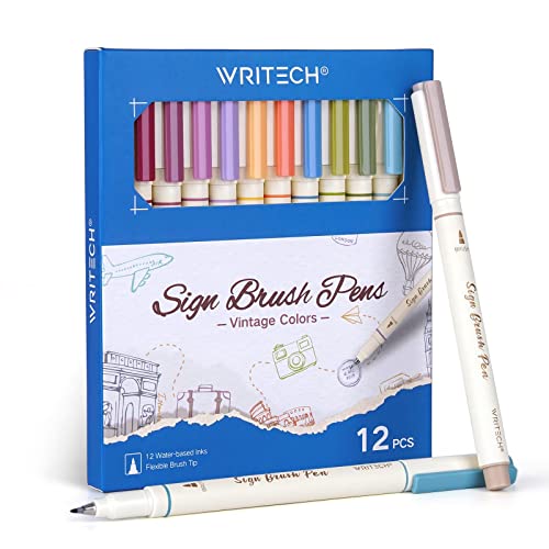 WRITECH Arts Sign Brush Pen Brush Tip Marker Felt Tip Water Based Ink Color Pens 12 Assorted Vintage Colors Great for Lettering Journaling Calligraphy (Vintage)