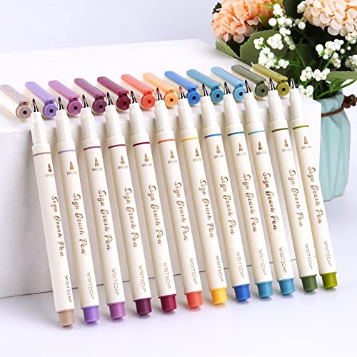 WRITECH Arts Sign Brush Pen Brush Tip Marker Felt Tip Water Based Ink Color Pens 12 Assorted Vintage Colors Great for Lettering Journaling Calligraphy (Vintage)