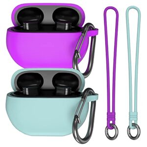 kanya case compatible beats studio buds,2 packs full protective shockproof anti-slip silicone case cover with carabiner and silicone hand strap for beats studio buds 2021 (deep purple+mint green)