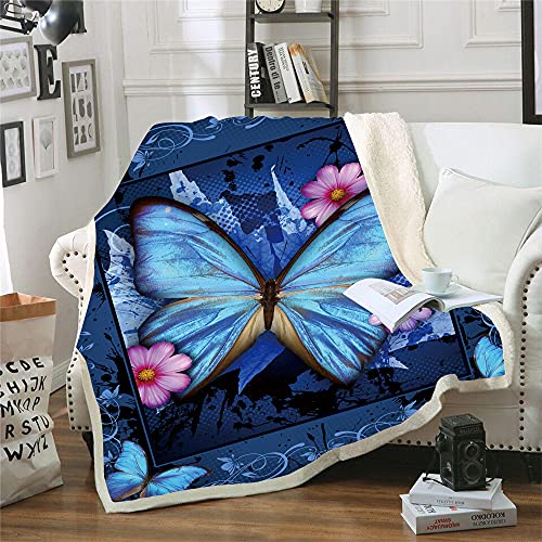 WGFAKJMO Butterfly Blanket Blue Butterfly Print Sherpa Fleece Blanket for Bed and Couch Warm Fuzzy Throw Blanket Cozy Throws Blankets for Butterfly Gifts for Women (Butterfly,51x59)