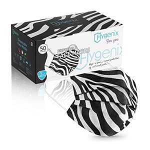 hygenix for you zebra 3ply disposable face masks pfe 99% (pack of 50 pcs). comfy & stylish fashion face masks with adjustable ear loops & nose wire