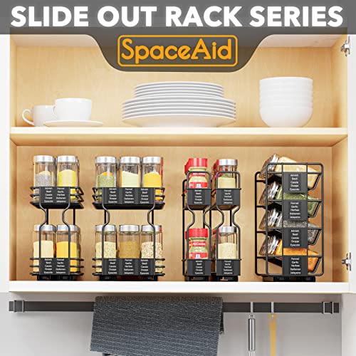 SpaceAid Pull Out Spice Rack Organizer with 20 Jars, Heavy Duty Slide Out Seasoning Organizer for Kitchen Cabinets, with 801 Labels and Chalk Marker, Left Facing