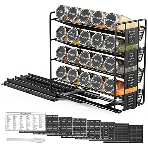SpaceAid Pull Out Spice Rack Organizer with 20 Jars, Heavy Duty Slide Out Seasoning Organizer for Kitchen Cabinets, with 801 Labels and Chalk Marker, Left Facing