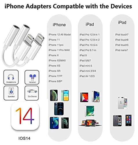 2 Pack [Apple MFi Certified] Lightning to 3.5 mm Headphone Jack Adapter, for iPhone 3.5mm Headphones/Earphones Jack Aux Audio Adapter Dongle for iPhone 14 13 12 11 XS XR X 8 7 iPad, Support All iOS