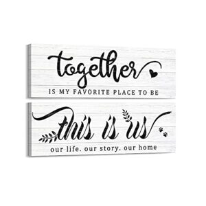 kas home farmhouse wall decor - 2 pieces this is us & together rustic canvas wall art for home inspirational print bedroom decor plaque hanging decorations for living room (5.5 x 16.5 inch, white - 2 pieces)